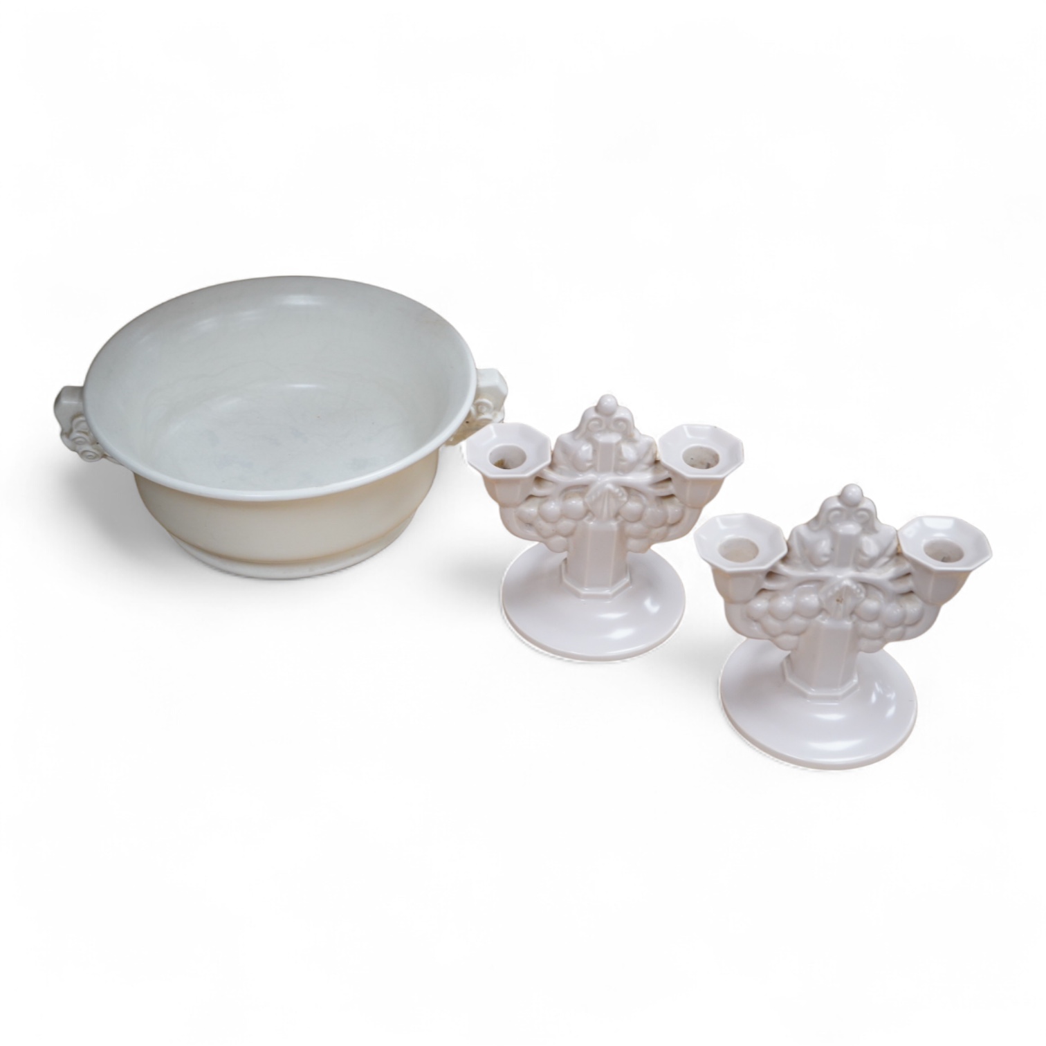 John Adam for Poole pottery, a pair of two branch candelabra and a magnolia white glazed bowl number 672, largest 29cm wide